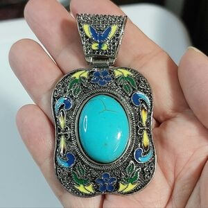 Turquoise Stone Enamel Filigree Necklace Pendant - Women's Jewelry